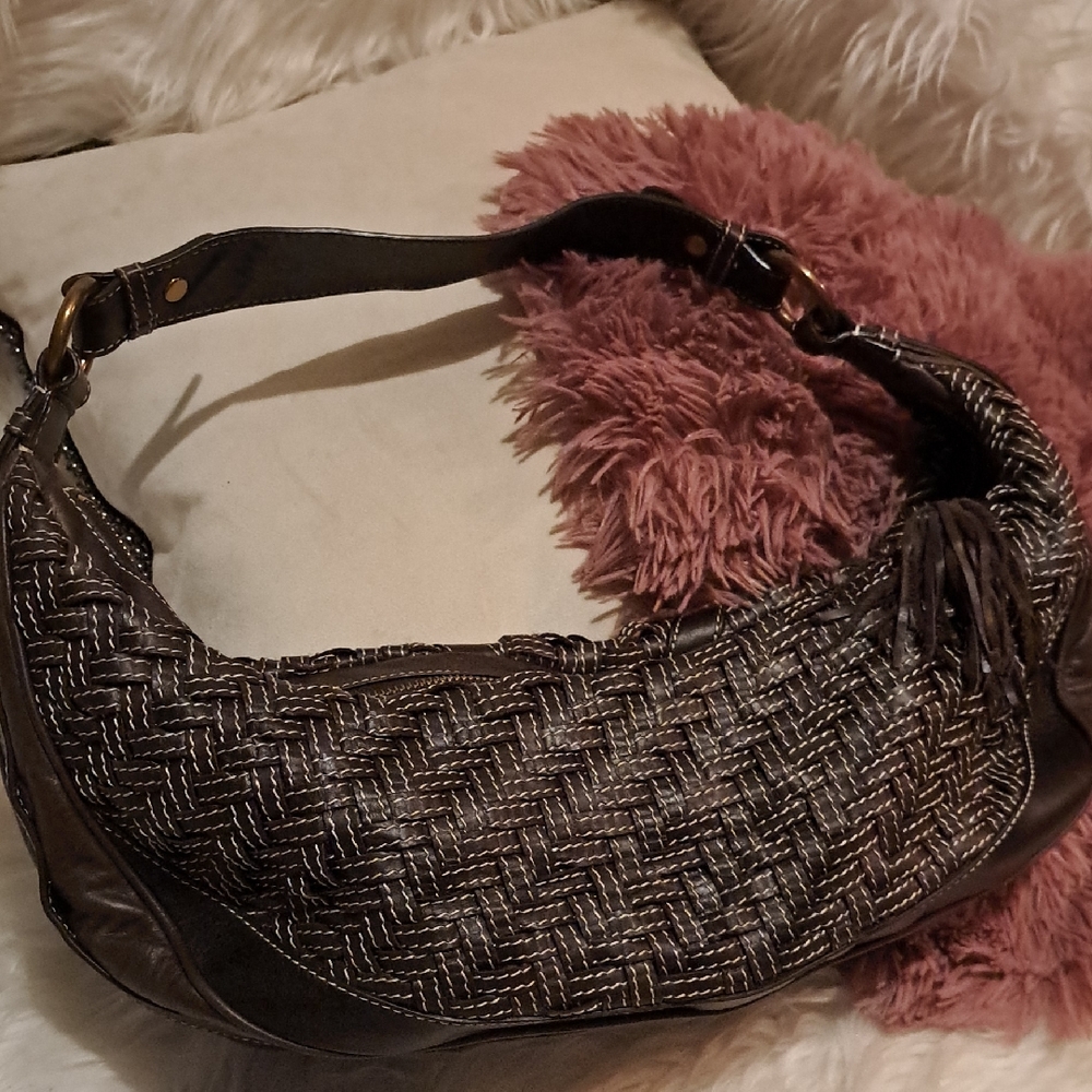 Elliott Luca Handwoven Leather Shoulder Bag. Crescent Shape.